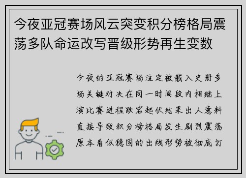 今夜亚冠赛场风云突变积分榜格局震荡多队命运改写晋级形势再生变数 今夜亚冠赛场风云突变积分榜格局震荡多队命运改写晋级形势再生变数